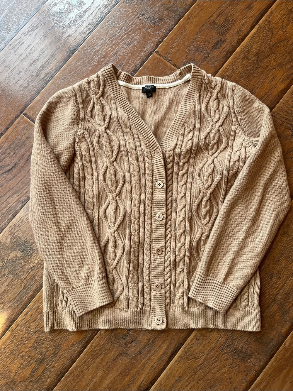 Talbots Beige Cable-Knit V-Neck Cardigan - Size MP